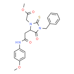 ChemSpider 2D Image | Methyl (3-benzyl-5-{2-[(4-methoxyphenyl)amino]-2-oxoethyl}-4-oxo-2-thioxo-1-imidazolidinyl)acetate | C22H23N3O5S