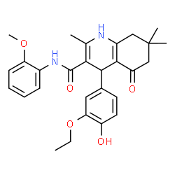 ChemSpider 2D Image | 4-(3-Ethoxy-4-hydroxyphenyl)-N-(2-methoxyphenyl)-2,7,7-trimethyl-5-oxo-1,4,5,6,7,8-hexahydro-3-quinolinecarboxamide | C28H32N2O5