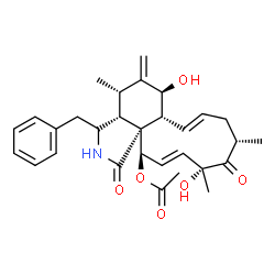 ChemSpider 2D Image | (3S,3aR,4S,6S,6aR,7E,10S,12R,13E,15R,15aR)-3-Benzyl-6,12-dihydroxy-4,10,12-trimethyl-5-methylene-1,11-dioxo-2,3,3a,4,5,6,6a,9,10,11,12,15-dodecahydro-1H-cycloundeca[d]isoindol-15-yl acetate | C30H37NO6