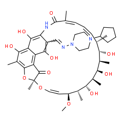ChemSpider 2D Image | (7S,9Z,11S,12S,13S,14R,15R,16R,17S,18S,19Z,21Z)-26-{(E)-[(4-Cyclopentyl-1-piperazinyl)imino]methyl}-2,13,15,17,27,29-hexahydroxy-11-methoxy-3,7,12,14,16,18,22-heptamethyl-8,30-dioxa-24-azatetracyclo[2
3.3.1.1~4,7~.0~5,28~]triaconta-1(28),2,4,9,19,21,25(29),26-octaene-6,23-dione | C45H62N4O11