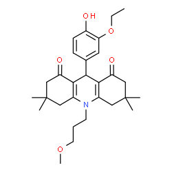 ChemSpider 2D Image | 9-(3-Ethoxy-4-hydroxyphenyl)-10-(3-methoxypropyl)-3,3,6,6-tetramethyl-3,4,6,7,9,10-hexahydro-1,8(2H,5H)-acridinedione | C29H39NO5