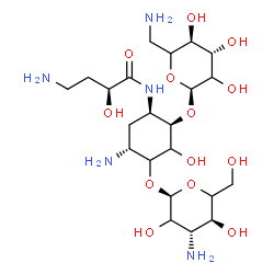 ChemSpider 2D Image | (2S)-4-Amino-N-{(1R,2R,5R)-5-amino-4-[(3-amino-3-deoxy-alpha-D-threo-hexopyranosyl)oxy]-2-[(6-amino-6-deoxy-alpha-D-threo-hexopyranosyl)oxy]-3-hydroxycyclohexyl}-2-hydroxybutanamide | C22H43N5O13