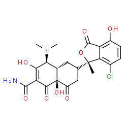 ChemSpider 2D Image | (4S,4aS,6R,8aS)-6-[(1S)-7-Chloro-4-hydroxy-1-methyl-3-oxo-1,3-dihydro-2-benzofuran-1-yl]-4-(dimethylamino)-3,8a-dihydroxy-1,8-dioxo-1,4,4a,5,6,7,8,8a-octahydro-2-naphthalenecarboxamide | C22H23ClN2O8
