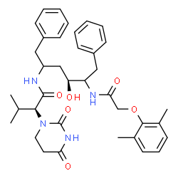 ChemSpider 2D Image | (2S)-N-[(4S)-5-{[(2,6-Dimethylphenoxy)acetyl]amino}-4-hydroxy-1,6-diphenyl-2-hexanyl]-2-(2,4-dioxotetrahydro-1(2H)-pyrimidinyl)-3-methylbutanamide | C37H46N4O6