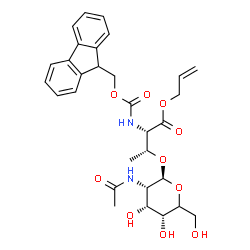 ChemSpider 2D Image | Allyl (2S,3R)-3-{[(2S,3S,4R,5R)-3-acetamido-4,5-dihydroxy-6-(hydroxymethyl)tetrahydro-2H-pyran-2-yl]oxy}-2-{[(9H-fluoren-9-ylmethoxy)carbonyl]amino}butanoate | C30H36N2O10