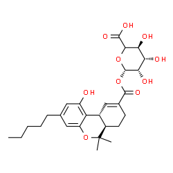 ChemSpider 2D Image | (5xi)-1-O-{[(6aR,10aR)-1-Hydroxy-6,6-dimethyl-3-pentyl-6a,7,8,10a-tetrahydro-6H-benzo[c]chromen-9-yl]carbonyl}-beta-D-lyxo-hexopyranuronic acid | C27H36O10