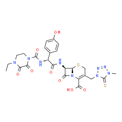 ChemSpider 2D Image | (6R,7R)-7-{[(2R)-2-{[(4-Ethyl-2,3-dioxo-1-piperazinyl)carbonyl]amino}-2-(4-hydroxyphenyl)acetyl]amino}-3-[(4-methyl-5-thioxo-4,5-dihydro-1H-tetrazol-1-yl)methyl]-8-oxo-5-thia-1-azabicyclo[4.2.0]oct-2-
ene-2-carboxylic acid | C25H27N9O8S2