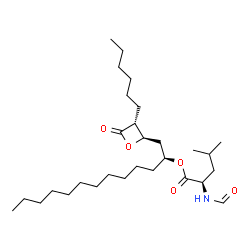 ChemSpider 2D Image | (2S)-1-[(2R,3R)-3-Hexyl-4-oxo-2-oxetanyl]-2-tridecanyl N-formyl-D-leucinate | C29H53NO5