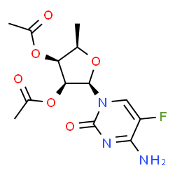 ChemSpider 2D Image | 4-Amino-1-(2,3-di-O-acetyl-5-deoxy-beta-D-lyxofuranosyl)-5-fluoro-2(1H)-pyrimidinone | C13H16FN3O6
