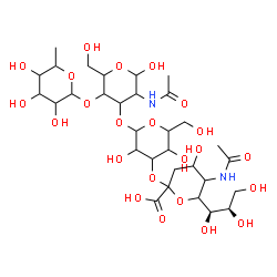 ChemSpider 2D Image | 5-Acetamido-3,5-dideoxy-6-[(1R,2R)-1,2,3-trihydroxypropyl]hex-2-ulopyranonosyl-(2->3)hexopyranosyl-(1->3)-[6-deoxyhexopyranosyl-(1->4)]-2-acetamido-2-deoxyhexopyranose | C31H52N2O23
