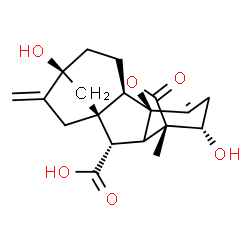 ChemSpider 2D Image | (1R,2R,5S,8S,9S,11S,12S)-5,12-Dihydroxy-11-methyl-6-methylene-16-oxo-15-oxapentacyclo[9.3.2.1~5,8~.0~1,10~.0~2,8~]heptadec-13-ene-9-carboxylic acid | C19H22O6