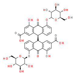 ChemSpider 2D Image | (9S,9'R)-5-(beta-D-Glucopyranosyloxy)-5'-(D-glucopyranosyloxy)-4,4'-dihydroxy-10,10'-dioxo-9,9',10,10'-tetrahydro-9,9'-bianthracene-2,2'-dicarboxylic acid | C42H38O20
