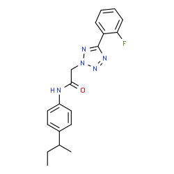 ChemSpider 2D Image | N-(4-sec-Butylphenyl)-2-[5-(2-fluorophenyl)-2H-tetrazol-2-yl]acetamide | C19H20FN5O