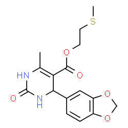 ChemSpider 2D Image | 2-(Methylsulfanyl)ethyl 4-(1,3-benzodioxol-5-yl)-6-methyl-2-oxo-1,2,3,4-tetrahydro-5-pyrimidinecarboxylate | C16H18N2O5S