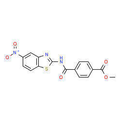 ChemSpider 2D Image | Methyl 4-[(5-nitro-1,3-benzothiazol-2-yl)carbamoyl]benzoate | C16H11N3O5S