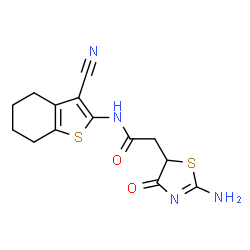 ChemSpider 2D Image | 2-(2-Amino-4-oxo-4,5-dihydro-1,3-thiazol-5-yl)-N-(3-cyano-4,5,6,7-tetrahydro-1-benzothiophen-2-yl)acetamide | C14H14N4O2S2