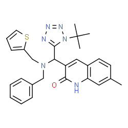 ChemSpider 2D Image | 3-{[Benzyl(2-thienylmethyl)amino][1-(2-methyl-2-propanyl)-1H-tetrazol-5-yl]methyl}-7-methyl-2(1H)-quinolinone | C28H30N6OS