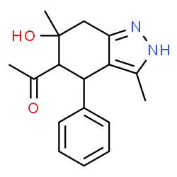 ChemSpider 2D Image | 1-(6-Hydroxy-3,6-dimethyl-4-phenyl-4,5,6,7-tetrahydro-1H-indazol-5-yl)ethanone | C17H20N2O2