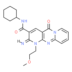 ChemSpider 2D Image | (2E)-N-Cyclohexyl-2-imino-1-(2-methoxyethyl)-5-oxo-1,5-dihydro-2H-dipyrido[1,2-a:2',3'-d]pyrimidine-3-carboxamide | C21H25N5O3