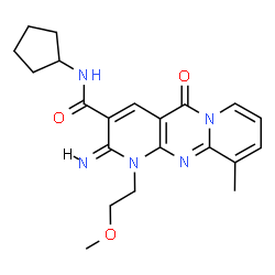 ChemSpider 2D Image | (2E)-N-Cyclopentyl-2-imino-1-(2-methoxyethyl)-10-methyl-5-oxo-1,5-dihydro-2H-dipyrido[1,2-a:2',3'-d]pyrimidine-3-carboxamide | C21H25N5O3
