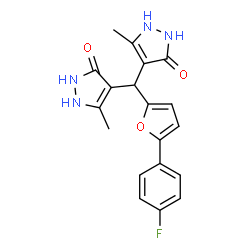 ChemSpider 2D Image | 4,4'-{[5-(4-Fluorophenyl)-2-furyl]methylene}bis(5-methyl-1,2-dihydro-3H-pyrazol-3-one) | C19H17FN4O3