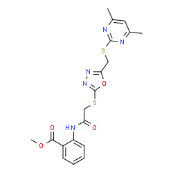 ChemSpider 2D Image | Methyl 2-({[(5-{[(4,6-dimethyl-2-pyrimidinyl)sulfanyl]methyl}-1,3,4-oxadiazol-2-yl)sulfanyl]acetyl}amino)benzoate | C19H19N5O4S2