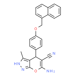 ChemSpider 2D Image | 6-Amino-3-methyl-4-[4-(1-naphthylmethoxy)phenyl]-1,4-dihydropyrano[2,3-c]pyrazole-5-carbonitrile | C25H20N4O2