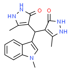ChemSpider 2D Image | 4,4'-[(1-Methyl-1H-indol-3-yl)methylene]bis(5-methyl-1,2-dihydro-3H-pyrazol-3-one) | C18H19N5O2