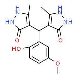 ChemSpider 2D Image | 4,4'-[(2-Hydroxy-5-methoxyphenyl)methylene]bis(5-methyl-1,2-dihydro-3H-pyrazol-3-one) | C16H18N4O4