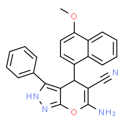 ChemSpider 2D Image | 6-Amino-4-(4-methoxy-1-naphthyl)-3-phenyl-1,4-dihydropyrano[2,3-c]pyrazole-5-carbonitrile | C24H18N4O2
