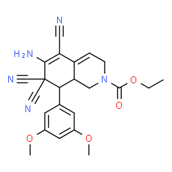 ChemSpider 2D Image | Ethyl 6-amino-5,7,7-tricyano-8-(3,5-dimethoxyphenyl)-3,7,8,8a-tetrahydro-2(1H)-isoquinolinecarboxylate | C23H23N5O4