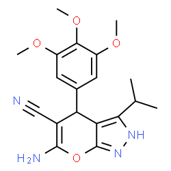 ChemSpider 2D Image | 6-Amino-3-isopropyl-4-(3,4,5-trimethoxyphenyl)-2,4-dihydropyrano[2,3-c]pyrazole-5-carbonitrile | C19H22N4O4