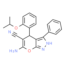 ChemSpider 2D Image | 6-Amino-4-(2-isopropoxyphenyl)-3-phenyl-1,4-dihydropyrano[2,3-c]pyrazole-5-carbonitrile | C22H20N4O2
