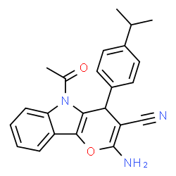 ChemSpider 2D Image | 5-Acetyl-2-amino-4-(4-isopropylphenyl)-4,5-dihydropyrano[3,2-b]indole-3-carbonitrile | C23H21N3O2