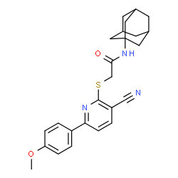 ChemSpider 2D Image | N-(Adamantan-1-yl)-2-{[3-cyano-6-(4-methoxyphenyl)-2-pyridinyl]sulfanyl}acetamide | C25H27N3O2S