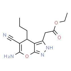 ChemSpider 2D Image | Ethyl (6-amino-5-cyano-4-propyl-2,4-dihydropyrano[2,3-c]pyrazol-3-yl)acetate | C14H18N4O3
