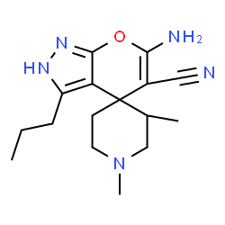 ChemSpider 2D Image | 6'-Amino-1,3-dimethyl-3'-propyl-2'H-spiro[piperidine-4,4'-pyrano[2,3-c]pyrazole]-5'-carbonitrile | C16H23N5O