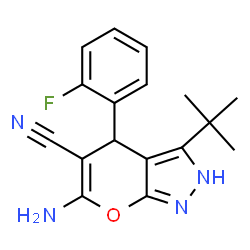 ChemSpider 2D Image | 6-Amino-4-(2-fluorophenyl)-3-(2-methyl-2-propanyl)-2,4-dihydropyrano[2,3-c]pyrazole-5-carbonitrile | C17H17FN4O
