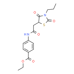 ChemSpider 2D Image | Ethyl 4-{[(2,4-dioxo-3-propyl-1,3-thiazolidin-5-yl)acetyl]amino}benzoate | C17H20N2O5S