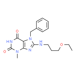 ChemSpider 2D Image | 7-Benzyl-8-[(3-ethoxypropyl)amino]-3-methyl-3,7-dihydro-1H-purine-2,6-dione | C18H23N5O3