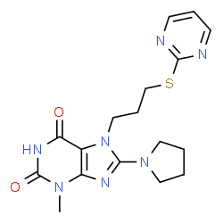ChemSpider 2D Image | 3-Methyl-7-[3-(2-pyrimidinylsulfanyl)propyl]-8-(1-pyrrolidinyl)-3,7-dihydro-1H-purine-2,6-dione | C17H21N7O2S
