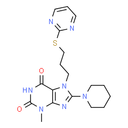 ChemSpider 2D Image | 3-Methyl-8-(1-piperidinyl)-7-[3-(2-pyrimidinylsulfanyl)propyl]-3,7-dihydro-1H-purine-2,6-dione | C18H23N7O2S