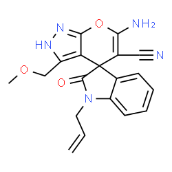 ChemSpider 2D Image | 1-Allyl-6'-amino-3'-(methoxymethyl)-2-oxo-1,2-dihydro-2'H-spiro[indole-3,4'-pyrano[2,3-c]pyrazole]-5'-carbonitrile | C19H17N5O3