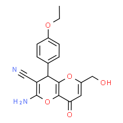 ChemSpider 2D Image | 2-Amino-4-(4-ethoxyphenyl)-6-(hydroxymethyl)-8-oxo-4,8-dihydropyrano[3,2-b]pyran-3-carbonitrile | C18H16N2O5