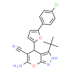 ChemSpider 2D Image | 6-Amino-4-[5-(4-chlorophenyl)-2-furyl]-3-(2-methyl-2-propanyl)-2,4-dihydropyrano[2,3-c]pyrazole-5-carbonitrile | C21H19ClN4O2