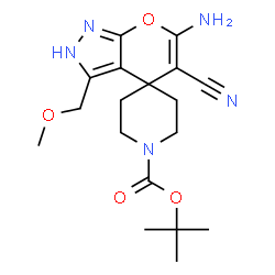 ChemSpider 2D Image | 2-Methyl-2-propanyl 6'-amino-5'-cyano-3'-(methoxymethyl)-1H,2'H-spiro[piperidine-4,4'-pyrano[2,3-c]pyrazole]-1-carboxylate | C18H25N5O4