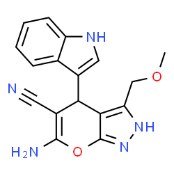 ChemSpider 2D Image | 6-Amino-4-(1H-indol-3-yl)-3-(methoxymethyl)-2,4-dihydropyrano[2,3-c]pyrazole-5-carbonitrile | C17H15N5O2