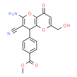 ChemSpider 2D Image | Methyl 4-[2-amino-3-cyano-6-(hydroxymethyl)-8-oxo-4,8-dihydropyrano[3,2-b]pyran-4-yl]benzoate | C18H14N2O6
