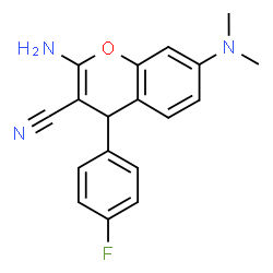ChemSpider 2D Image | 2-Amino-7-dimethylamino-4-(4-fluoro-phenyl)-4H-chromene-3-carbonitrile | C18H16FN3O