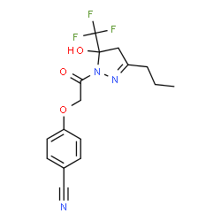 ChemSpider 2D Image | 4-{2-[5-Hydroxy-3-propyl-5-(trifluoromethyl)-4,5-dihydro-1H-pyrazol-1-yl]-2-oxoethoxy}benzonitrile | C16H16F3N3O3